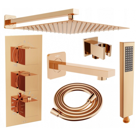 Mexen Cube DR02 podomítková vana-sprchový set s dešťovou sprchou 25 cm, růžové zlato - 77503DR0225-60