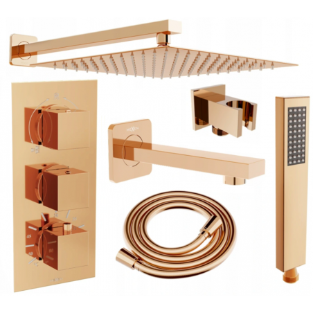 Mexen Cube DR02 podomítková vanová-sprchová sada s dešťovou sprchou 25 cm, růžové zlato - 77503DR0225-60
