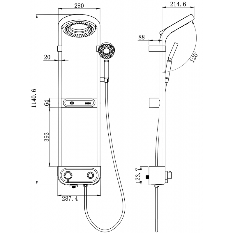 Mexen Peak nástěnná sprchová sada s dešťovou sprchou a baterií, LED displej, bílá - 78106-20