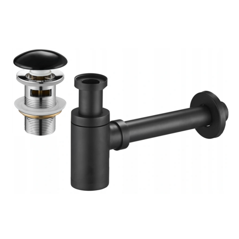 Mexen polosifon umyvadlový kulatý s keramickou zátkou klik-klak, s přepadem, černý - 7992050-75