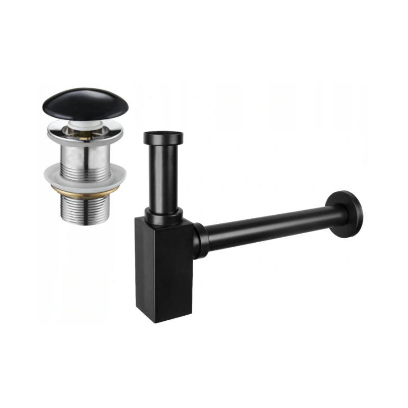 Mexen polosyfon umyvadlový čtvercový s keramickou zátkou klik-klak, bez přepadu, černý - 7991060-75