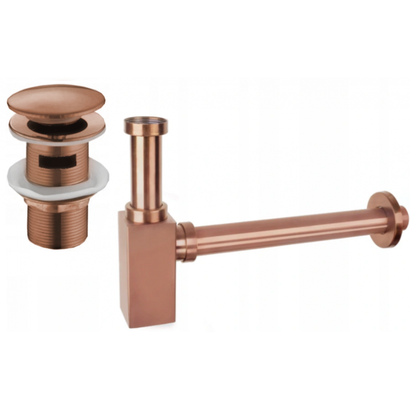 Mexen čtvercový poloviční sifon umyvadlový s klik-klak zátkou, s přepadem, růžové zlato - 7992060-60