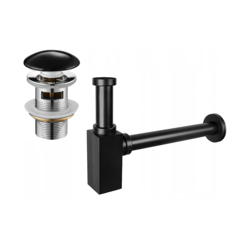 Mexen poloviční umyvadlový sifon čtvercový s keramickou výpustí klik-klak, s přepadem, černý - 7992060-75