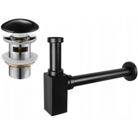 Mexen poloviční umyvadlový sifon čtvercový s keramickou výpustí klik-klak, s přepadem, černý - 7992060-75