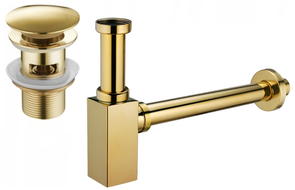 Mexen poloviční sifon umyvadlový čtvercový s uzávěrem klik-klak, s přepadem, zlatý - 7992060-50