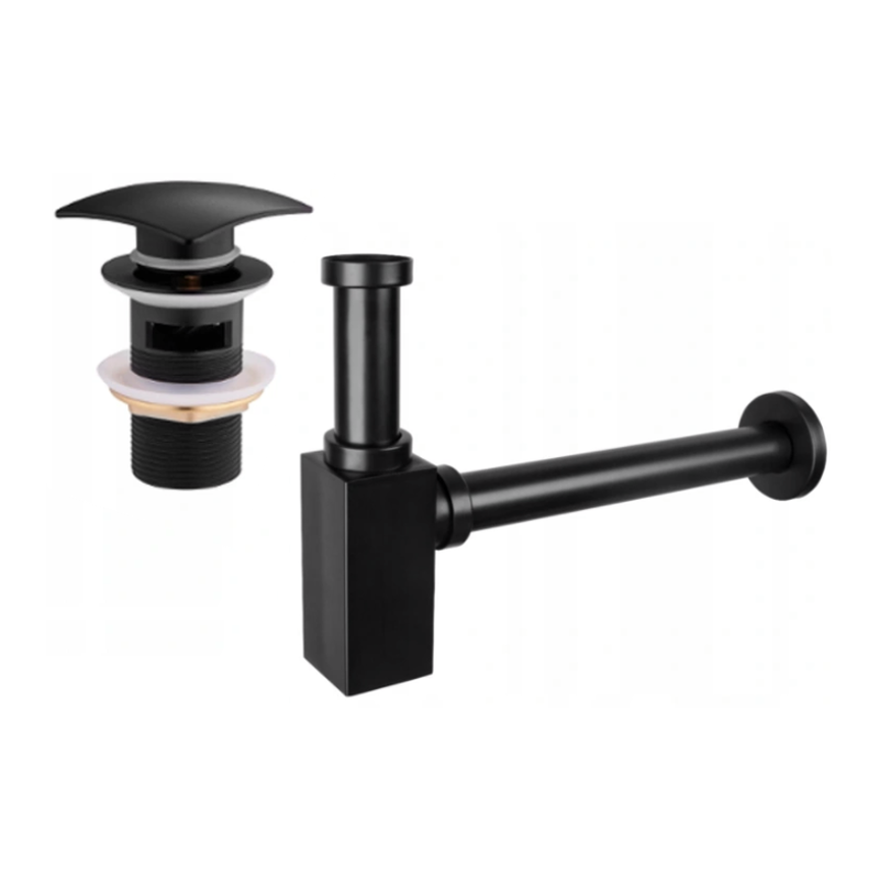 Mexen polosyfon umyvadlový čtvercový s klik-klak uzávěrem, s přepadem, černý - 7992660-70