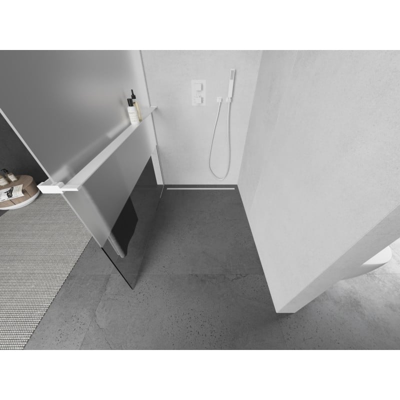 Mexen Kioto+ sprchová stěna s policí Walk-in 130 x 200 cm, transparentní/mráz, bílá - 800-130-121-20-35