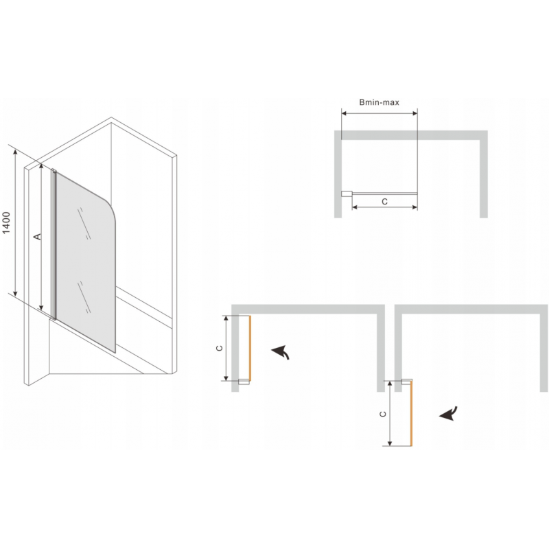 Mexen Vega obdélníková vana 180 x 80 cm s krytem a 1-křídlovou zástěnou 70 cm, transparentní, černá