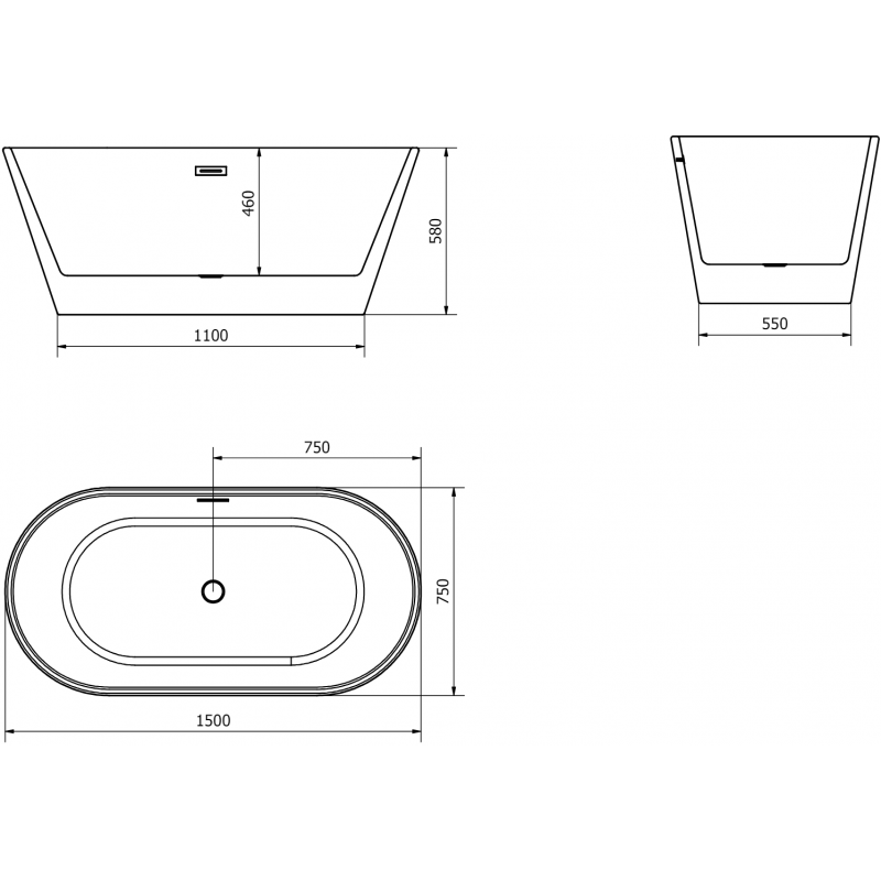 Mexen Flavia volně stojící vana 150 x 75 cm, bílá/černá, přepad gun metal - 54031507575-95