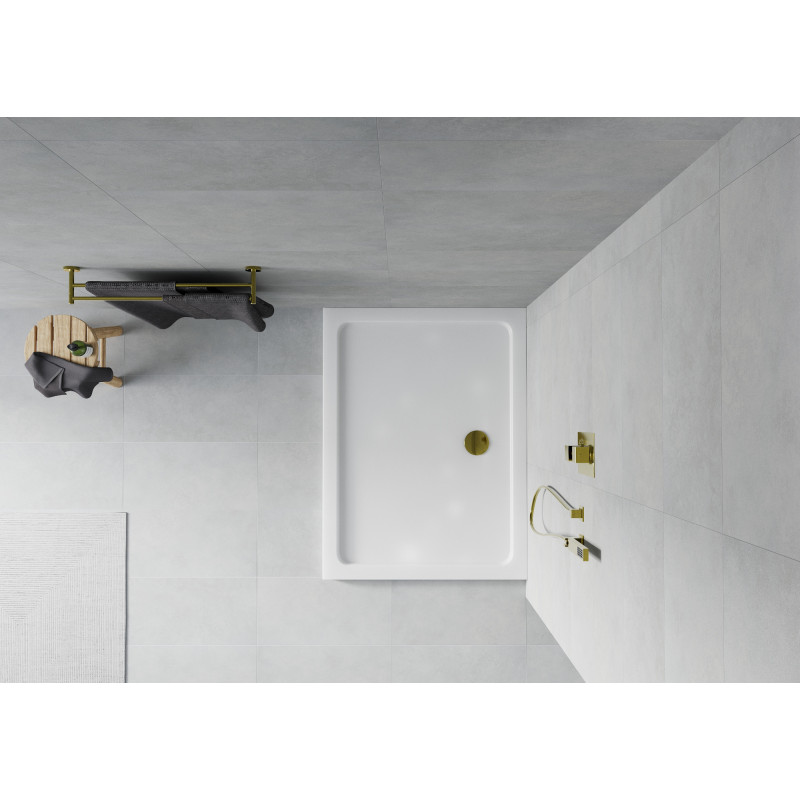 Mexen Flat obdélníkový sprchový kout slim 130 x 90 cm, bílý, sifon zlatý - 40109013G