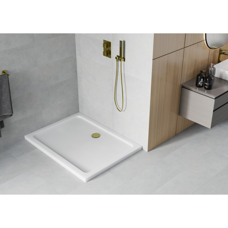Mexen Flat obdélníkový sprchový kout slim 100 x 90 cm, bílý, sifon zlatý - 40109010G