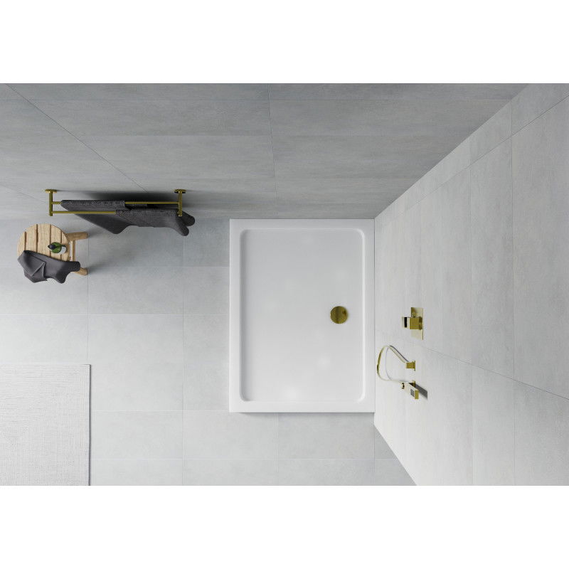 Mexen Flat obdélníkový sprchový kout slim 130 x 80 cm, bílý, zlatý sifon - 40108013G