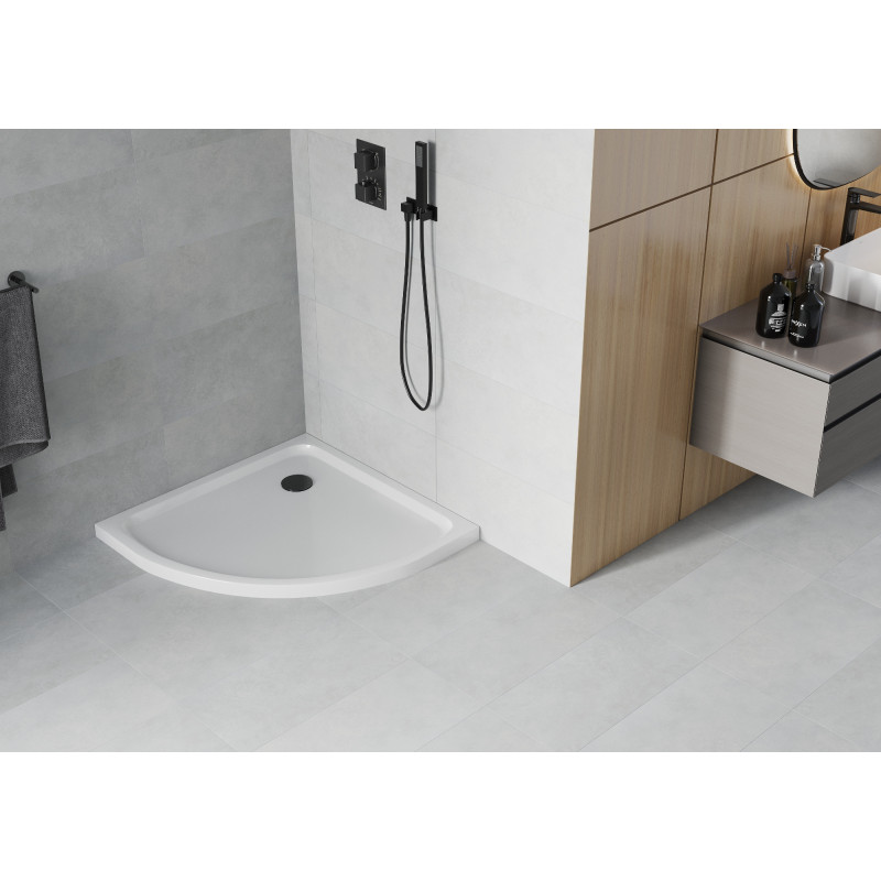 Mexen Flat sprchová vanička půlkruhová slim 80 x 80 cm, bílá, sifon černý - 41108080B
