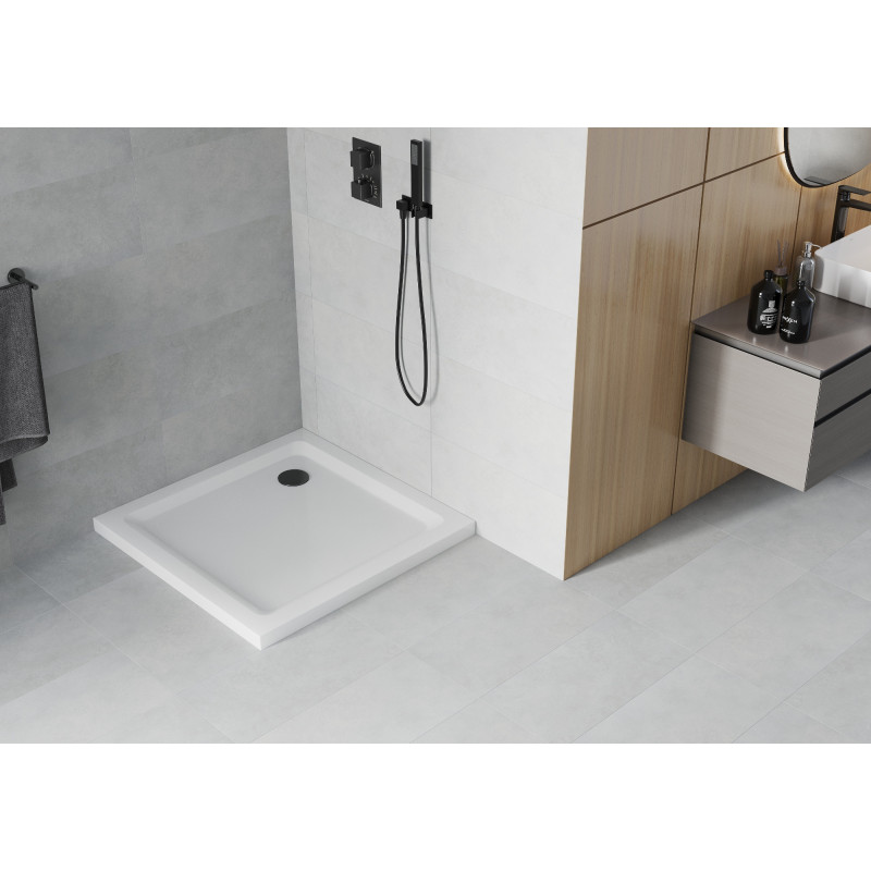 Mexen Flat čtvercový sprchový kout slim 90 x 90 cm, bílý, černý sifon - 40109090B