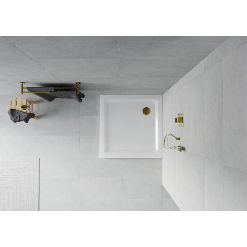 Mexen Flat sprchová vanička čtvercová slim 100 x 100 cm, bílá, sifon zlatý - 40101010G
