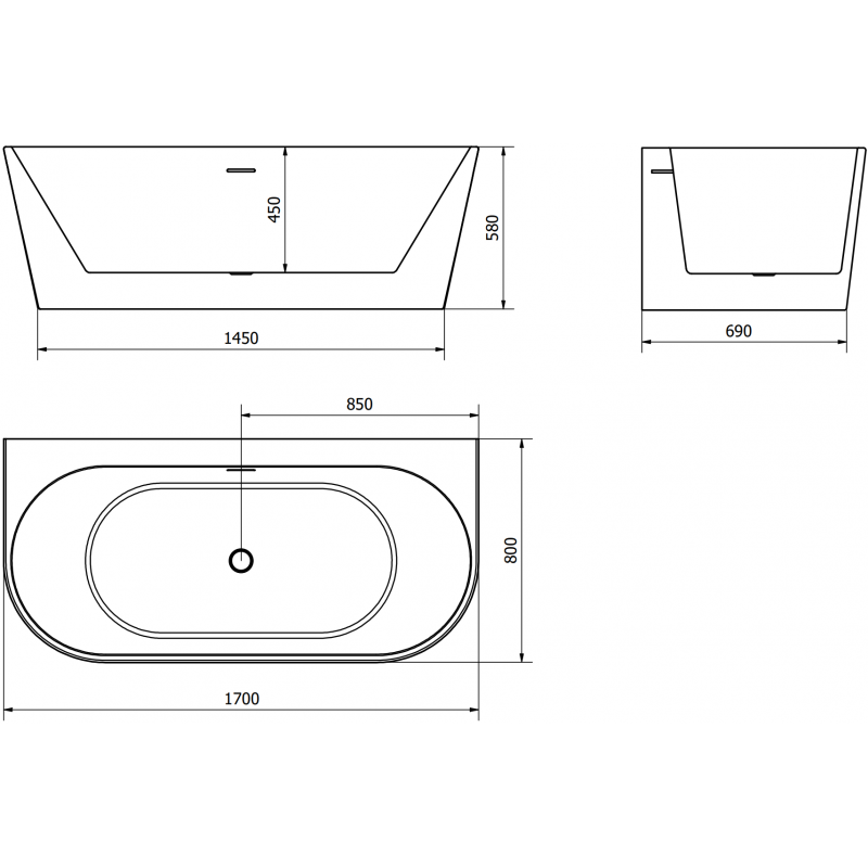 Mexen Oval+ samostatná stěnová vana 170 x 80 cm, bílá, přepad kartáčovaný nikl - 52681708000-97