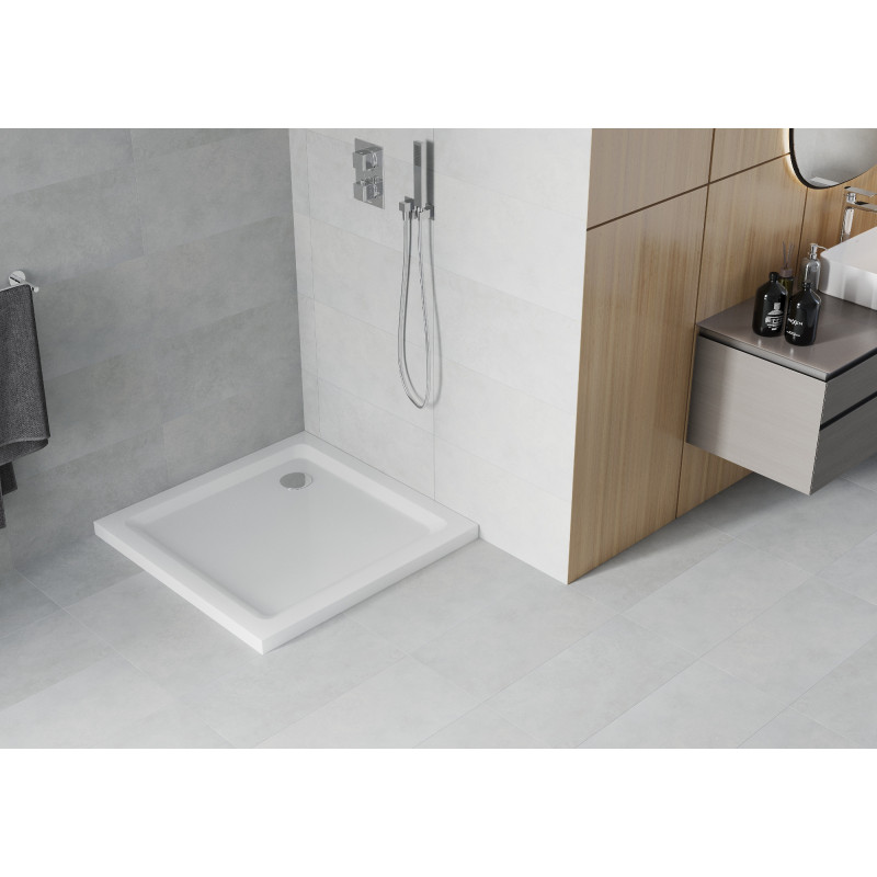 Mexen Flat čtvercová sprchová vanička slim 80 x 80 cm, bílá, chromový sifon - 40108080