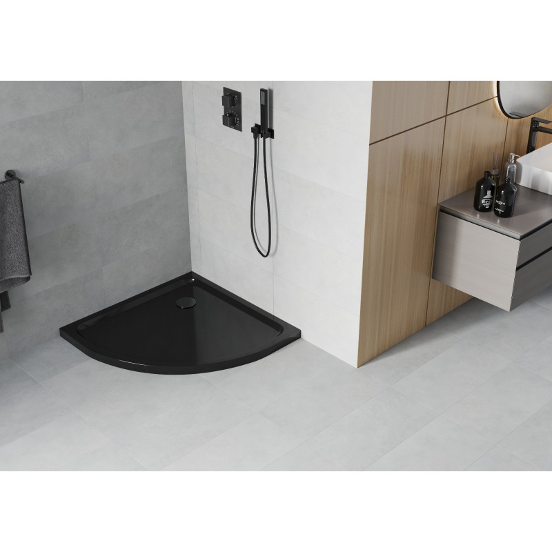 Mexen Flat polokruhový slim sprchový kout 90 x 90 cm, černý, sifon černý - 41709090B