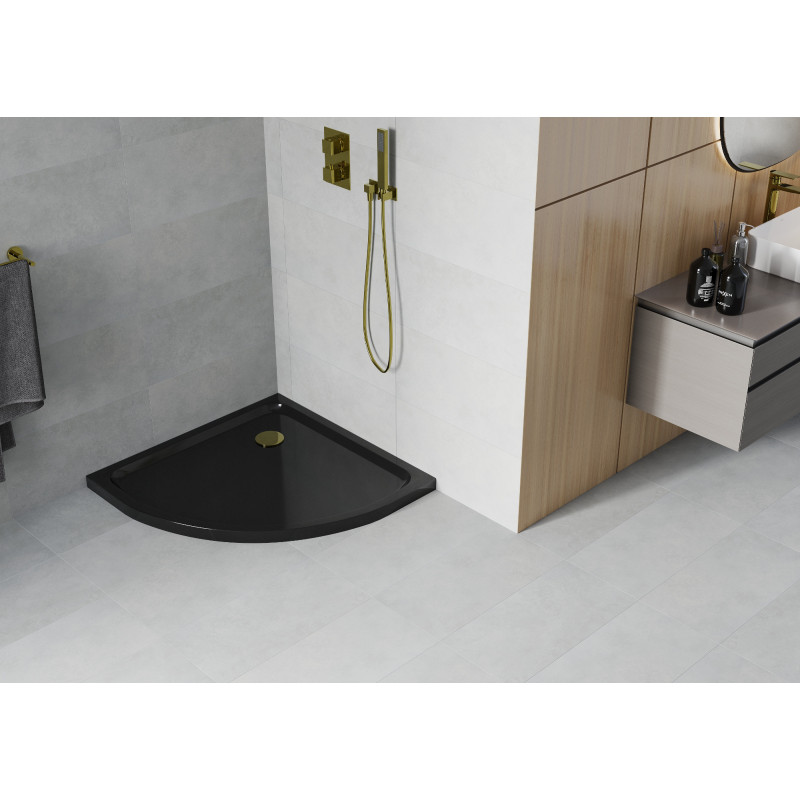 Mexen Flat sprchová vanička půlkruhová slim 80 x 80 cm, černá, sifon zlatý - 41708080G