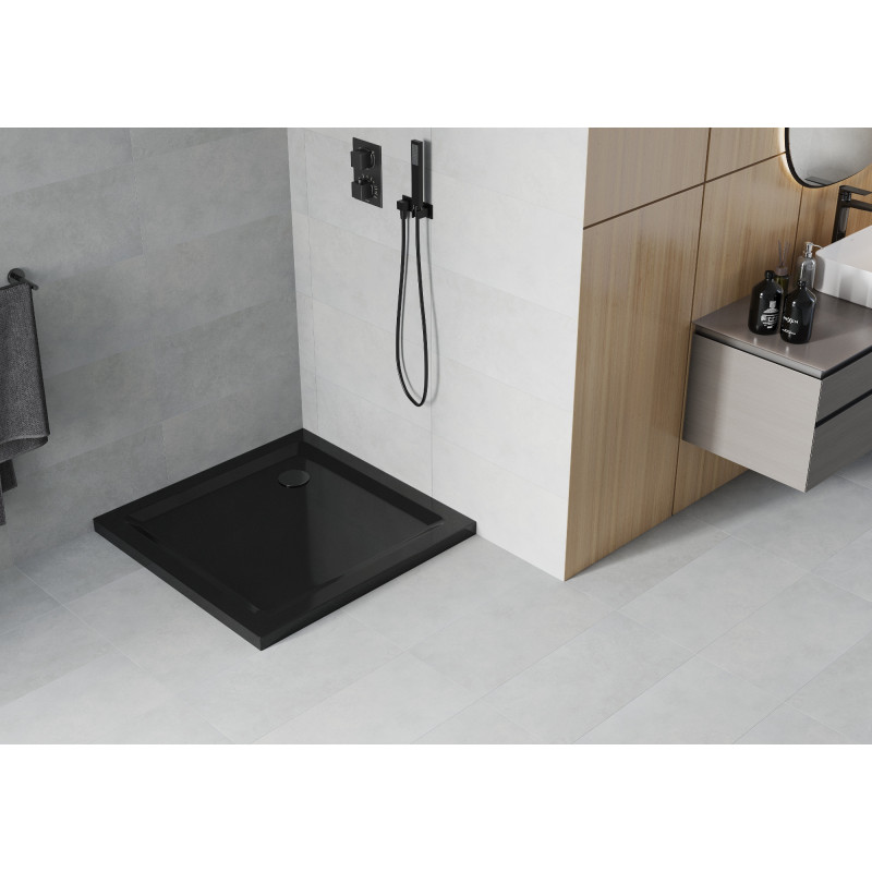 Mexen Flat čtvercová sprchová vanička slim 80 x 80 cm, černá, černý sifon - 40708080B