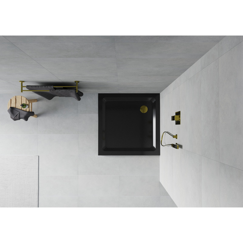 Mexen Flat čtvercový sprchový kout slim 90 x 90 cm, černý, sifon zlatý - 40709090G