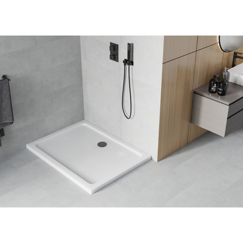 Mexen Flat obdélníkový sprchový kout slim 100 x 70 cm, bílý, černý sifon - 40107010B