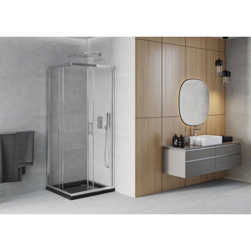 Mexen Rio čtvercový sprchový kout 90 x 90 cm, transparentní, chrom + vanička Flat, černá - 860-090-090-01-00-4070
