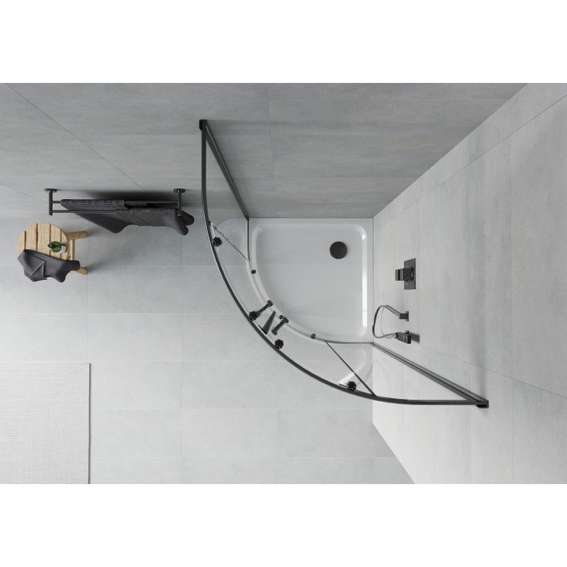 Mexen Rio půlkruhová sprchová kabina 90 x 90 cm, transparentní, černá + Flat vanička, bílá - 863-090-090-70-00-4110B