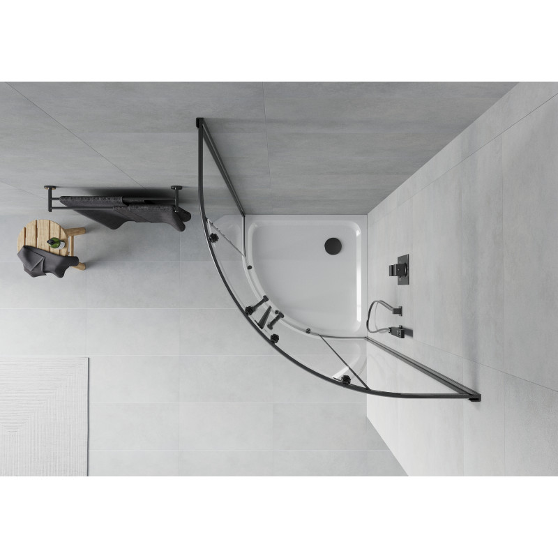 Mexen Rio sprchový kout půlkruhový 90 x 90 cm, transparentní, černý + sprchová vanička Flat, bílá