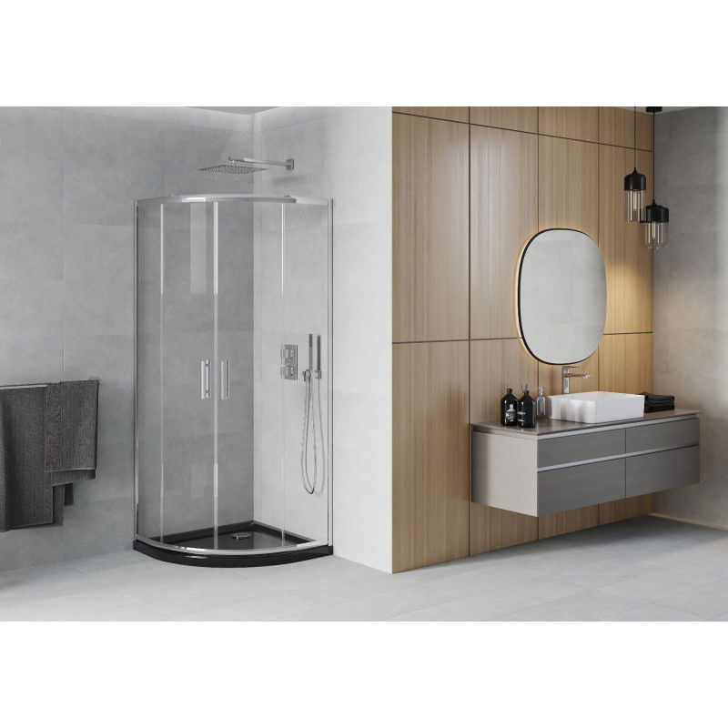 Mexen Rio sprchový kout půlkruhový 80 x 80 cm, transparentní, chrom + sprchová vanička Flat, černá - 863-080-080-01-00-4170