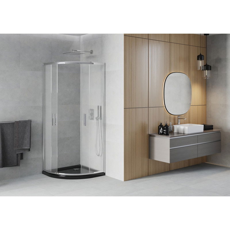 Mexen Rio čtvrtkruhový sprchový kout 90 x 90 cm, průhledný, chrom + vanička Flat, černý - 863-090-090-01-00-4170
