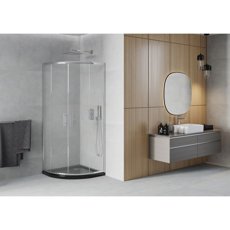 Mexen Rio půlkruhová sprchová kabina 90 x 90 cm, matná, chrom + sprchová vanička Flat, černá - 863-090-090-01-30-4170