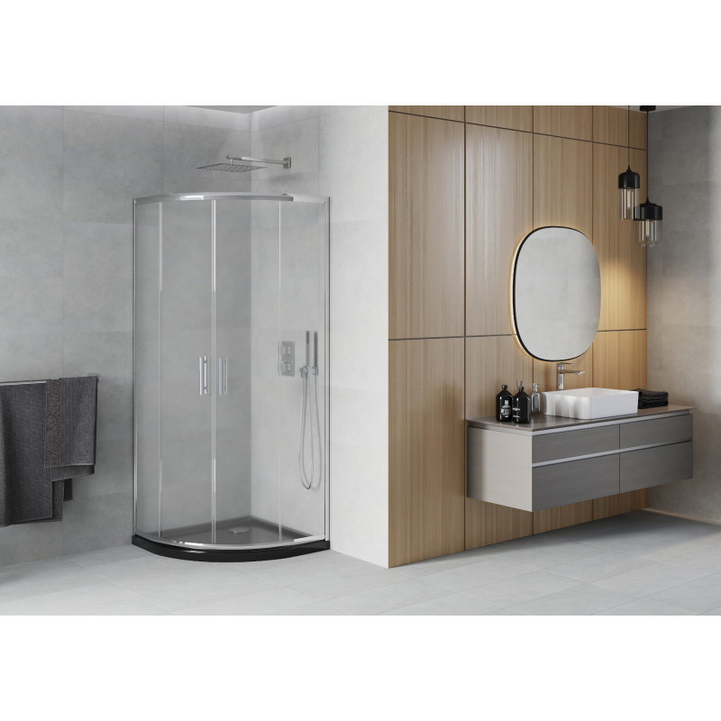 Mexen Rio sprchový kout půlkruhový 90 x 90 cm, matný, chrom + sprchová vanička Flat, černá - 863-090-090-01-30-4170
