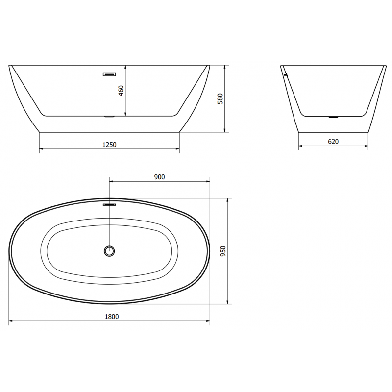 Mexen Eris samostatně stojící vana 180 x 95 cm, bílá, přepad gun metal - 53441809500-95