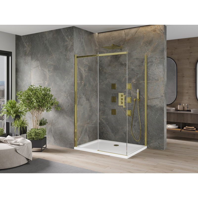 Mexen Omega posuvný sprchový kout 100 x 90 cm, transparentní, zlatý + vanička Flat - 825-100-090-50-00-4010