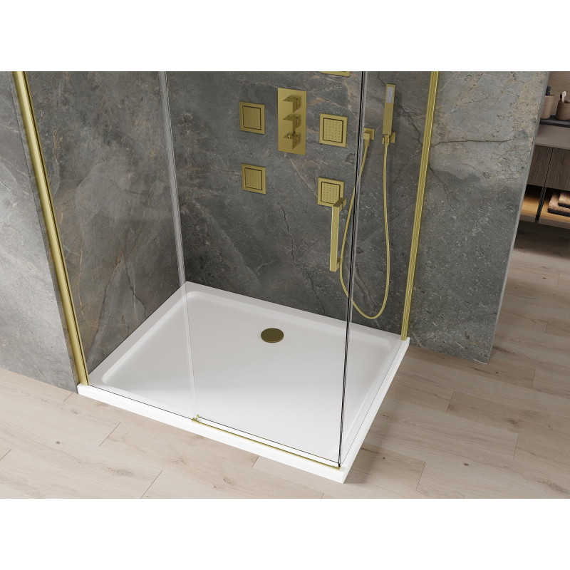 Mexen Omega posuvný sprchový kout 100 x 90 cm, transparentní, zlatý + vanička Flat - 825-100-090-50-00-4010