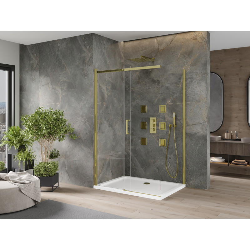 Mexen Omega posuvná sprchová kabina 120 x 80 cm, transparentní, zlatá + sprchová vanička Flat - 825-120-080-50-00-4010