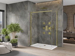 Mexen Omega posuvná sprchová kabina 130 x 70 cm, průhledná, zlatá + Flat vanička - 825-130-070-50-00-4010