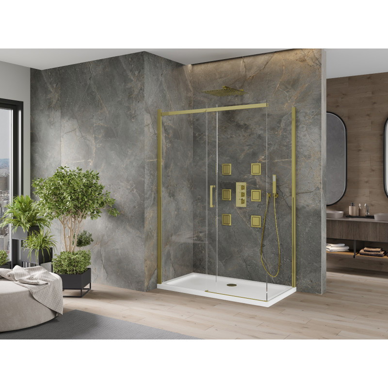 Mexen Omega posuvný sprchový kout 140 x 80 cm, transparentní, zlatý + vanička Flat - 825-140-080-50-00-4010