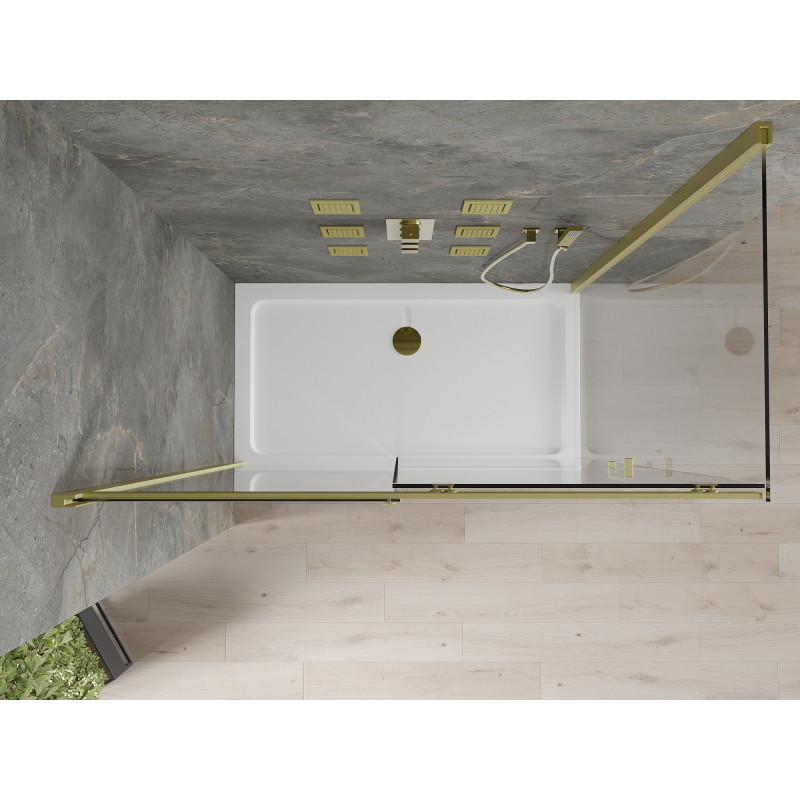 Mexen Omega posuvný sprchový kout 140 x 80 cm, transparentní, zlatý + vanička Flat - 825-140-080-50-00-4010