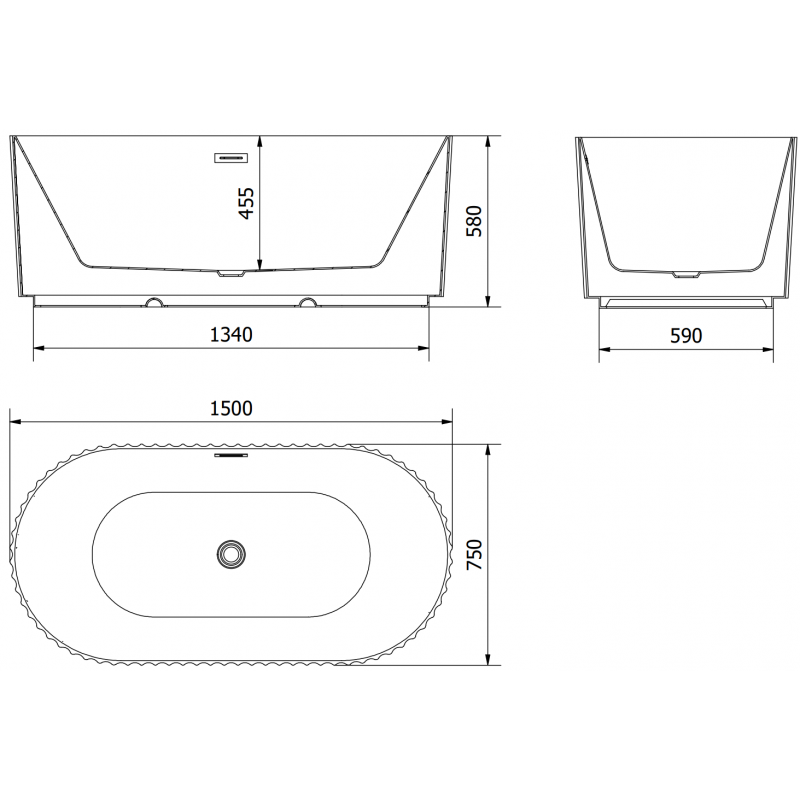Mexen Paola volně stojící vana ryhovaná 150 x 75 cm, bílý lesk, černý přepad - 52721507500-70