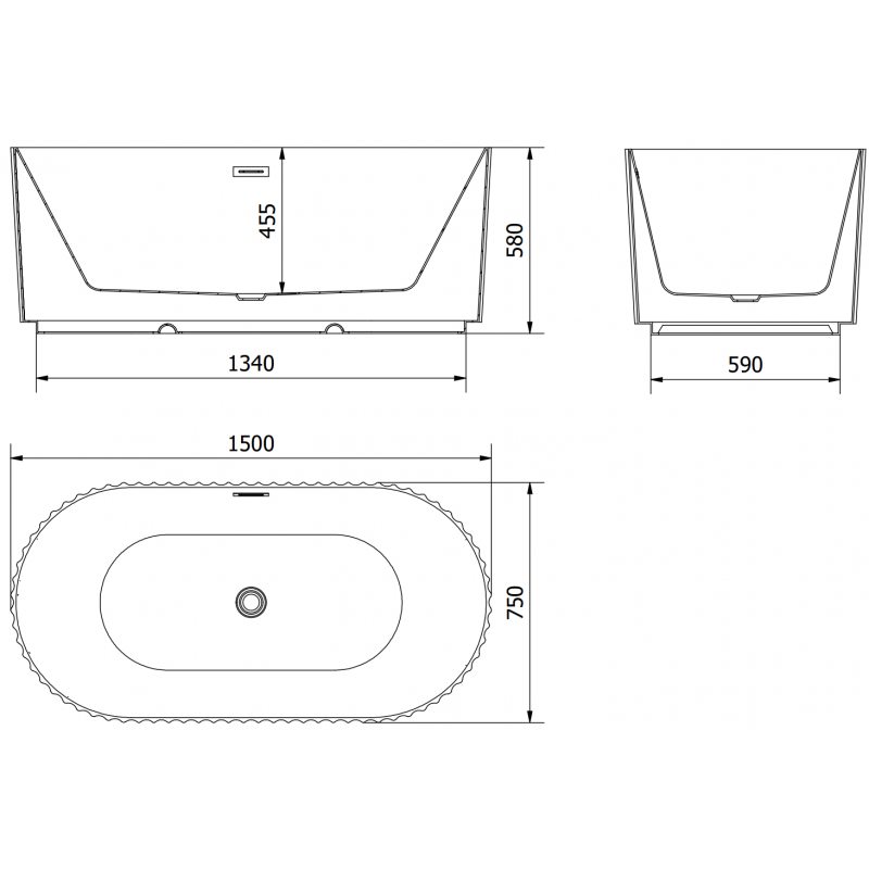 Mexen Paola volně stojící vana ryhovaná 150 x 75 cm, bílá mat, černý přepad - 52721507501-70