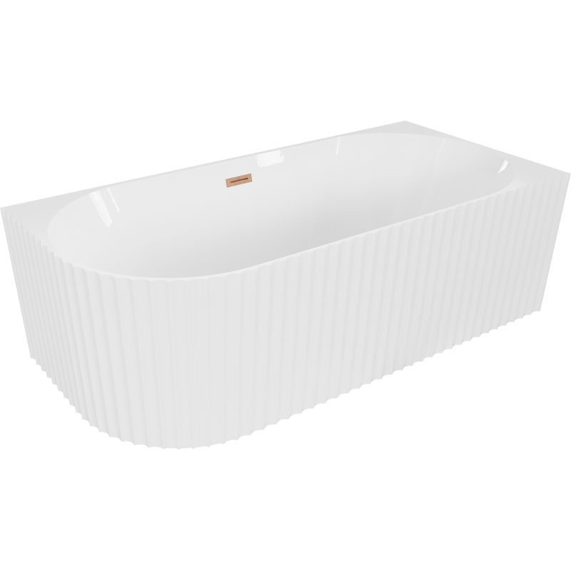 Mexen Gia volně stojící rohová vana drážkovaná pravá 150 x 75 cm, bílý lesk, přepad kartáčovaná měď - 52701507500P-65