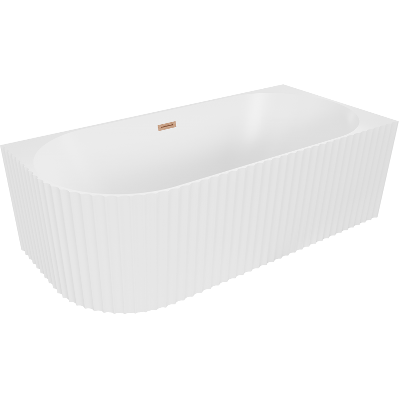 Mexen Gia volně stojící rohová žebrovaná vana pravá 170 x 80 cm, bílá matná, přepad kartáčovaná měď