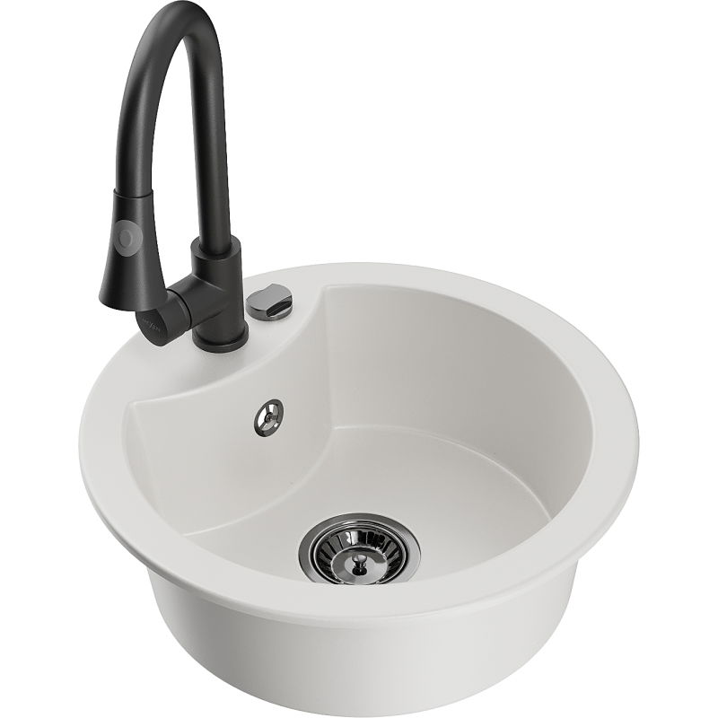 Mexen Diego granitový dřez s 1 komorou a kuchyňskou baterií Elia, bílý - 6512-20-670101-70