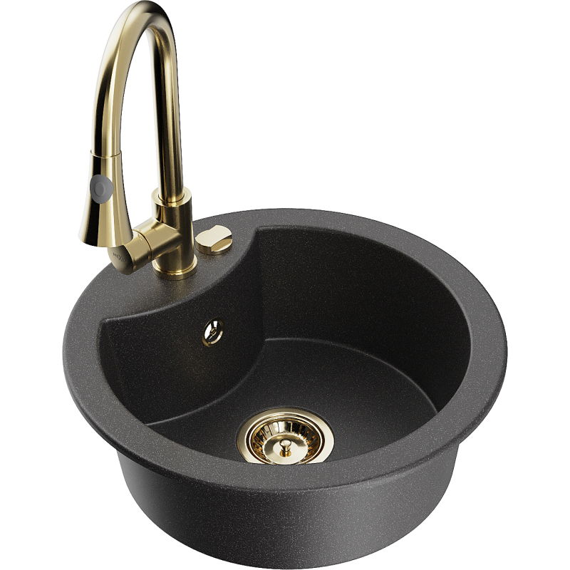 Mexen Diego granitový dřez 1-komorový s kuchyňskou baterií Elia, černý skvrnitý - 6512-76-670101-50