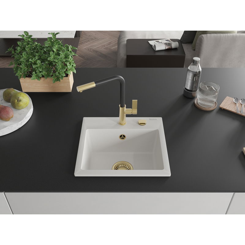 Mexen Milo granitový dřez 1-komorový s kuchyňskou baterií Flora, bílý - 6505-20-670401-57-G