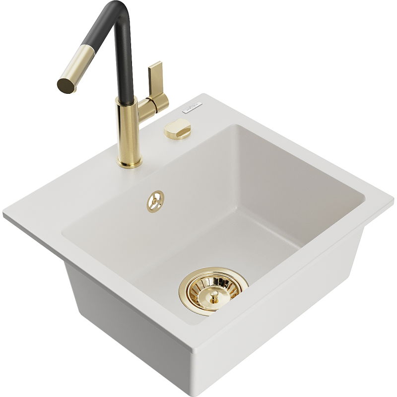 Mexen Milo granitový dřez 1-komorový s kuchyňskou baterií Flora, bílý - 6505-20-670401-57-G