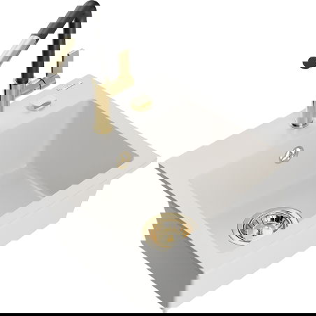 Mexen Milo granitový dřez 1-komorový s kuchyňskou baterií Flora, bílý - 6505-20-670401-57-G