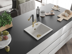 Mexen Milo granitový dřez 1-komorový s kuchyňskou baterií Flora, bílý - 6505-20-670401-57-G